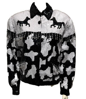Vintage MODI Equestrian Sequin Silk Bomber Jacket Horses Black White Fringe Sz S